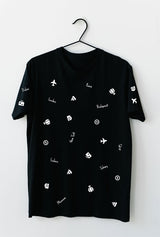 black travelling t-shirt with tourism icons printed on it, small travel icons are printed on the shirt, unisex cotton cozy short sleeve shirt, small plane print shirt, camera shirt print, compass print shirt, ship, boat print t-shirt, capital city names printed on the shirt