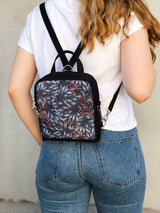 boho womens vegan backpack, shoulder bag, blue leaves bohemain festival backpack for women, waterproof cordura vegan designer bag