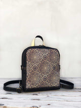 Luxury gold design vegan backpack, handmade rucksack, round style bohemian shoulder bag, mini size bag, madnala print, arabic, morocco bag, asian backpack, islamic style shoulder bag