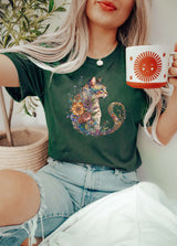 Floral Cat Mama T-Shirt, Watercolor Cat Mom Tee - Forest green