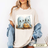 Cute Halloween GHosts Watercolor style with Pumpkin Comfort Colors shirt, Fall Apparel, Trendy Halloween Sweatshirt gift for her Ivory shirt