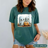 Cute Halloween GHosts Watercolor style with Pumpkin Comfort Colors shirt, Fall Apparel, Trendy Halloween Sweatshirt gift for her Blue spruce shirt
