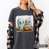 Cute Halloween GHosts Watercolor style with Pumpkin Comfort Colors shirt, Fall Apparel, Trendy Halloween Sweatshirt gift for her Pepper shirt