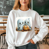 Cute Halloween GHosts Watercolor style with Pumpkin Comfort Colors shirt, Fall Apparel, Trendy Halloween Sweatshirt gift for her White Sweatshirt