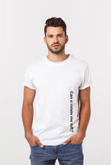 white mens t-shirt with vertical text print, vinyl transfer print white unisex soft cotton t-shirt, tubular short sleeve t-shirt
