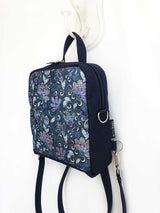 paisley design navy blue vegan backpack, convertible shoulder bag with zipper pockets, navy paisley crossbody bag rucksack, bohemian vegan festival mini backpack