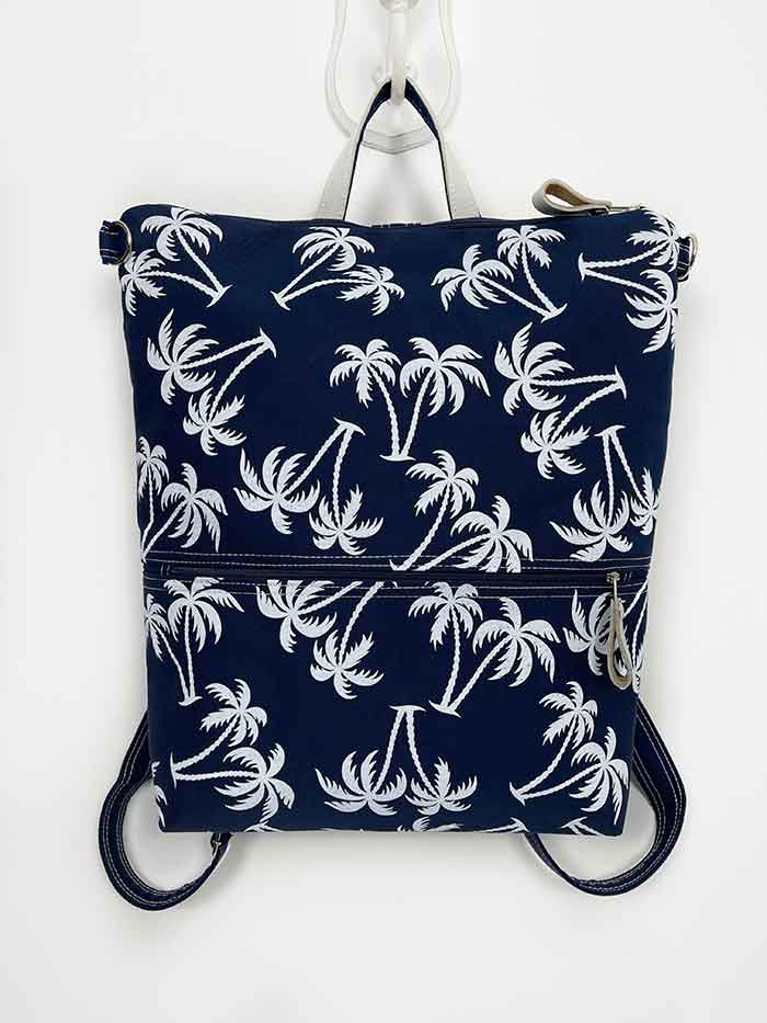 Navy Blue Palm Tree Design Slim Backpack, Womens Designer Rucksack