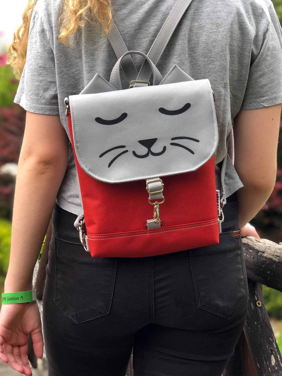 Grey Red Kitty Crossbody Backpack | Aris Bags display picture 3