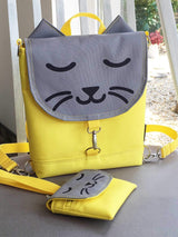 Yellow Grey Cat Backpack and Purse, Cat Lovers Cross Body Bag | Aris Bags