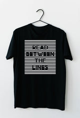 read between the lines cool tshirt print, unisex black tshirt printed with white horizontal lines showin the text of read between the lines, unisex long cozy tshirt