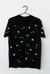 black unisex cozy tshirt made from cotton and printed with coffee icons, small cafe icons graphic printed on the tshirt, both sides printed black tshirt for coffee lovers
