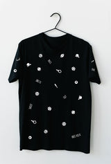 black unisex tshirt with sport icons print, sport lovers tshirt, baseball shirt, football tshirt, soccer tshirt, handball tshirt, baseball icon, tennis print tshirt