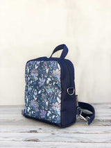 paisley design navy blue vegan backpack, convertible shoulder bag with zipper pockets, navy paisley crossbody bag rucksack, bohemian vegan festival mini backpack