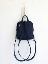 paisley design navy blue vegan backpack, convertible shoulder bag with zipper pockets, navy paisley crossbody bag rucksack, bohemian vegan festival mini backpack