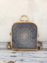 mandala boho backpack, vegan festival bag for womens, small slim backpack made with asian morocco arabic design, gray mandala printed backpack rucksack