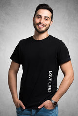 BLack T-Shirt with Love Life Text Print, Custom Vinly Print T-Shirt, Cool Urban T-Shirt with Print on Demand Design