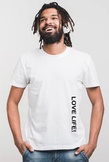 White T-Shirt with Love Life Text Print, Vinly Transfer Ironed T-Shirt, Print on demand long cozy T-Shirt, Cool T-shirt with crew neck, tubular T-Shirt