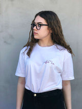 white embroidered women t shirt, hand embroidered t shirt with heart pattern, heart rate embroidery
