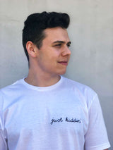 handwritten embroidery t shirt white embroidered t shirt with just kidding text