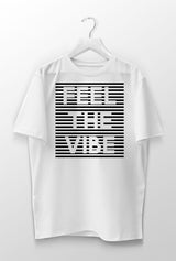 white unisex cotton tshirt, cozy tshirt with horizontal black lines showing the words of feel the vibe, cool urban streetwear, printed tshirt, designer tshirt print, vinyl transfer tshirt