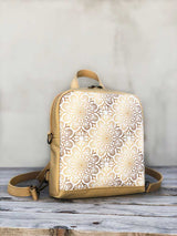 gold brown islamic arabic asian backpack, vegan convertible rucksack, shoulder bag, mini festival backpack, madnala design, printed cordura backpack