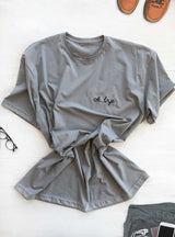 Grey hand embroidered t shirt with custom text embroidery, embroidery on demand shirt