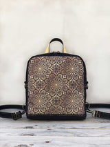 Luxury gold design vegan backpack, handmade rucksack, round style bohemian shoulder bag, mini size bag, madnala print, arabic, morocco bag, asian backpack, islamic style shoulder bag
