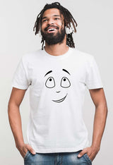 smile print tshirt, cool smile print tshirt, emoji print tshirt, white tshirt with smile print, unisex tubular tshirt with laughin face print
