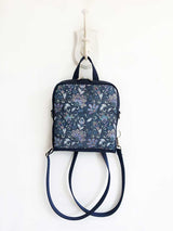 paisley design navy blue vegan backpack, convertible shoulder bag with zipper pockets, navy paisley crossbody bag rucksack, bohemian vegan festival mini backpack