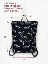 Black Summer Backpack with Sunglasses printed on it, cool festival shoulder bag, beach rucksack