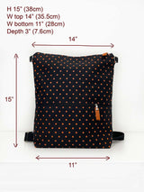 Black Backpack with Orange Polka Dots, Designer Womens Rucksack