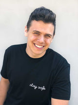 Custom Text Stay Safe hand embroidered T-Shirt, Black Long T-Shirt Cozy box cut t shirt with hand stitches