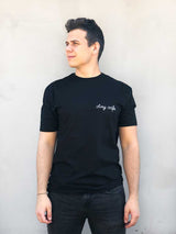 long black t shirt with hand embroidery text customizable t shirt with stay safe text needlework stitches