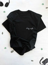 stay safe black t shirt with hand embroidery, customizable handwritten embroider t shirt