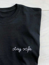 stay safe text hand embroidered black t shirt, Personalizable own logo needlework shirt