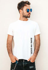 sure i am good text print t-shirt, vertical text vinyl transfer t-shirt, white mens t-shirt, soft cotton unisex cozy t-shirt