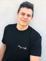 black cozy t shirt with custom phrase embroidery design, black long t shirt for men