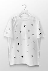 fast food icons print tshirt, cool fast food t-shirt, both side printed small fast foo icons, ice cream tshirt, hamburger icon tshirt, juice tshirt, french fries t-shirt, pizza white tshirt