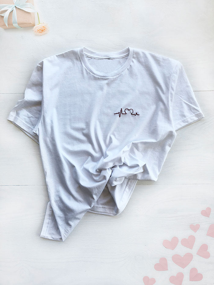 White Embroidered T Shirt, Heart embroidery Women Shirt Cool Cozy Shir