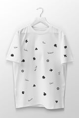 white travelling t-shirt with tourism icons printed on it, small travel icons are printed on the shirt, unisex cotton cozy short sleeve shirt, small plane print shirt, camera shirt print, compass print shirt, ship, boat print t-shirt, capital city names printed on the shirt