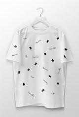 coffee icons printed T-shirt, unisex short sleeve shirt with cafe graphic print, little coffee lovers icons pattern printed vinly transfer shirt in black and white color