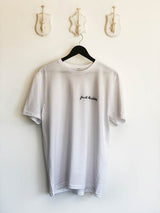 white embroidered t shirt with cool text embroidery your own words can be embroidered